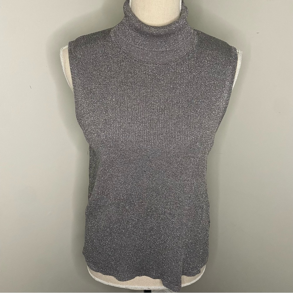 August Silk shimmer silver gray turtleneck sleeveless silk sweater size Large/XL - Picture 1 of 7